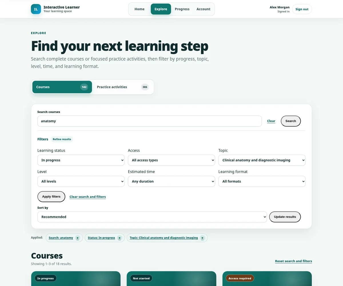 Interactive Learner course catalogue showing searchable learning pathways and course cards
