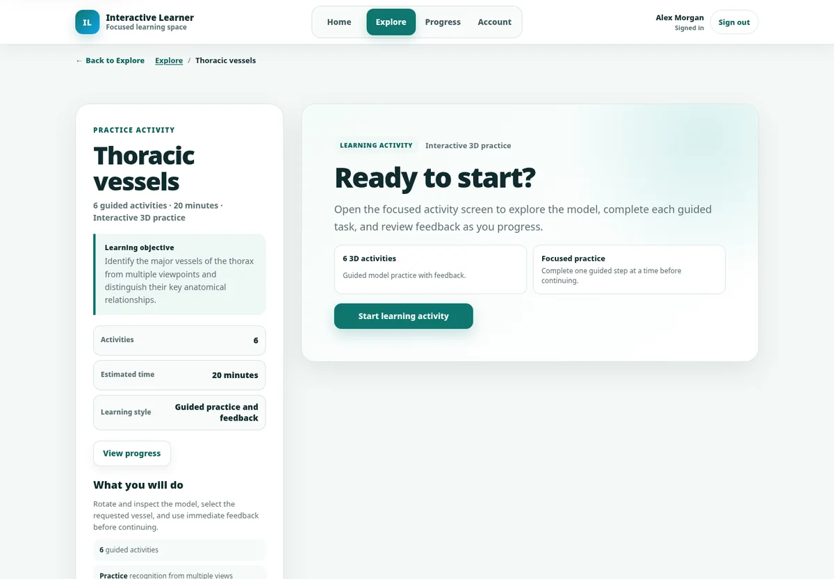 Practice course interface with course information and start action